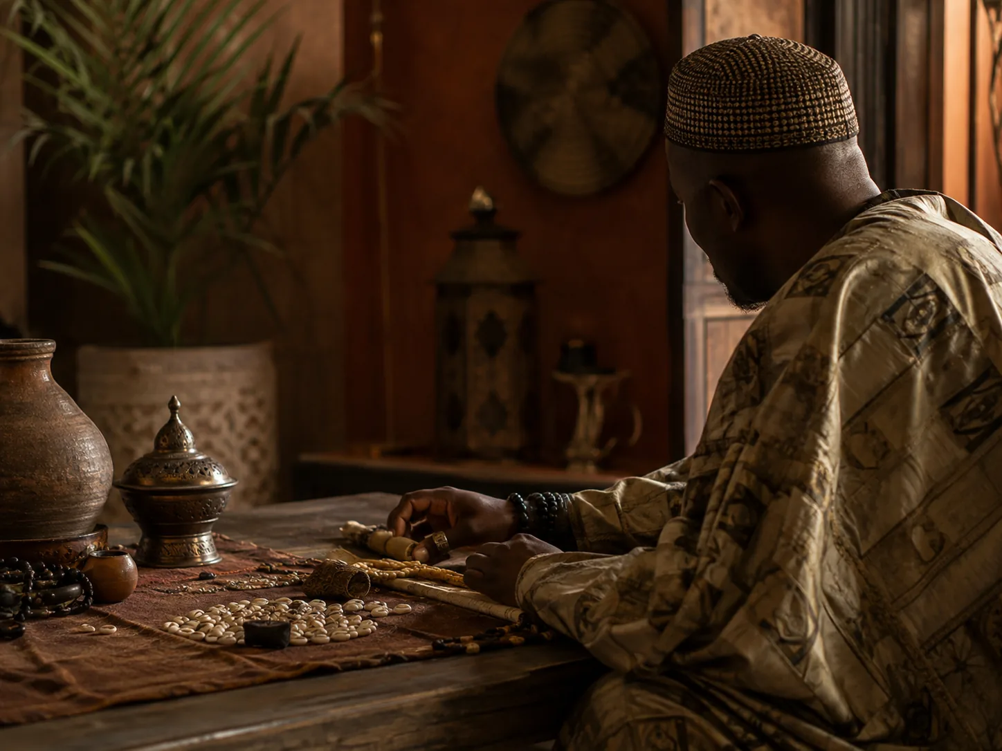 Vu de dos, le marabout assis devant sa table où sont disposés des cauris